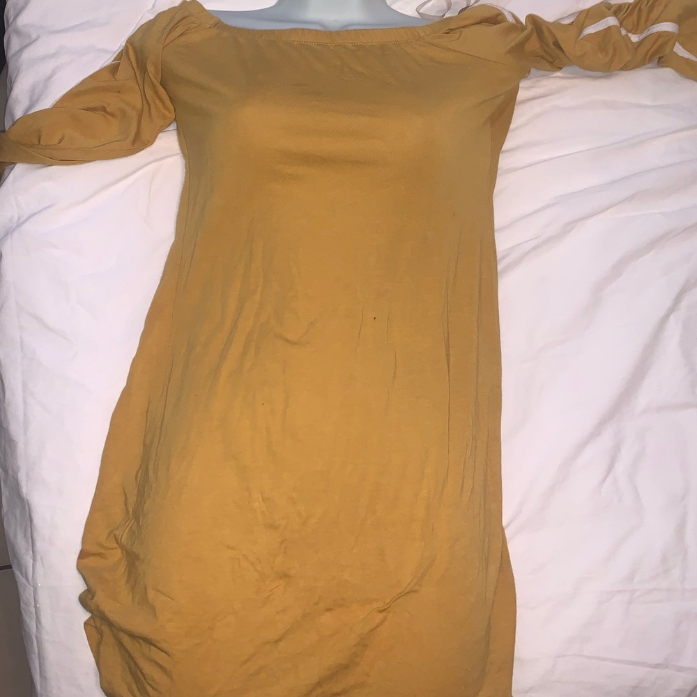 Yellow mid sleeve off the shoulder mustard dress